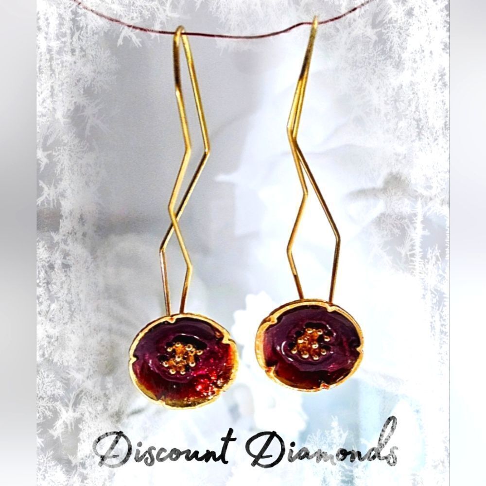 Hand Made Red Enamel Dangle Drop Long French Hook Earrings  14K Gold on 925